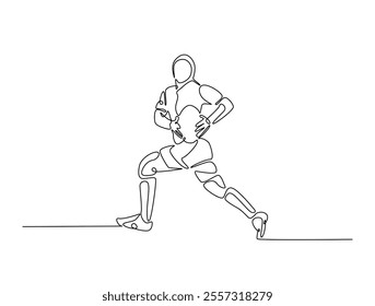 Continuous one line drawing of professional rugby player running with the ball. Rugby sport game. Editable line vector. 
