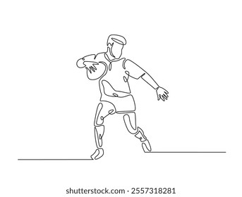 Continuous one line drawing of professional rugby player running with the ball. Rugby sport game. Editable line vector. 
