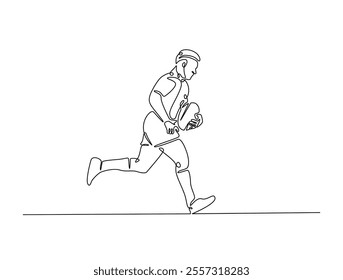 Continuous one line drawing of professional rugby player running with the ball. Rugby sport game. Editable line vector. 
