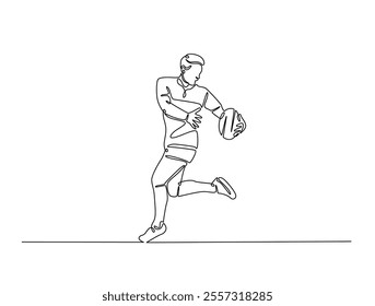 Continuous one line drawing of professional rugby player running with the ball. Rugby sport game. Editable line vector. 
