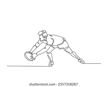 Continuous one line drawing of professional rugby player running with the ball. Rugby sport game. Editable line vector. 
