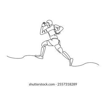 Continuous one line drawing of professional rugby player running with the ball. Rugby sport game. Editable line vector. 
