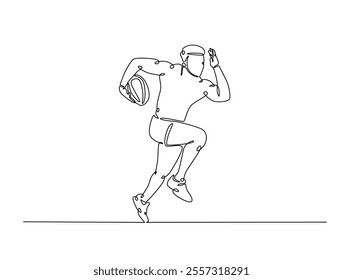 Continuous one line drawing of professional rugby player running with the ball. Rugby sport game. Editable line vector. 
