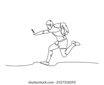 Continuous one line drawing of professional rugby player running with the ball. Rugby sport game. Editable line vector. 
