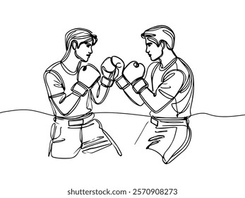 Continuous one line drawing of professional boxing player combat . Two Kingboxing man doing combat training in single line draw vector illustration. 