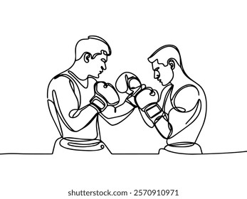 Continuous one line drawing of professional boxing player combat . Two Kingboxing man doing combat training in single line draw vector illustration.