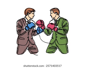 Continuous one line drawing of professional boxing player combat . Two Kingboxing man in suits doing combat training in single line draw vector illustration.