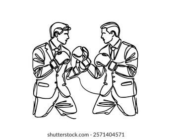 Continuous one line drawing of professional boxing player combat . Two Kingboxing man in suits doing combat training in single line draw vector illustration.