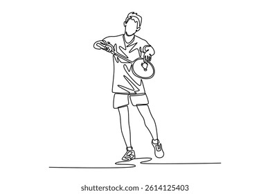 Continuous one line drawing professional badminton player in uniform stands holding racket and shuttlecock ready to serve. Sport activity on indoor court. Single line draw design vector illustration