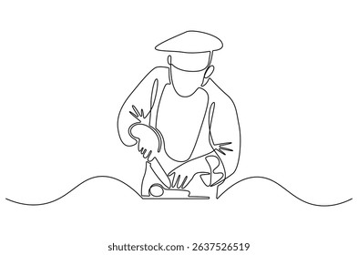 Continuous one line drawing of Professional kitchen cutting the meat. Single line drawing illustration of Young male chef cutting meat. Professional chef concept vector art. Doodle line illustration.