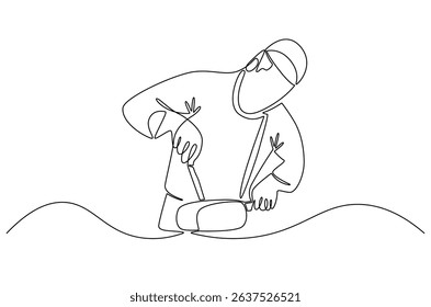Continuous one line drawing of Professional kitchen cutting the meat. Single line drawing illustration of Young male chef cutting meat. Professional chef concept vector art. Doodle line illustration.