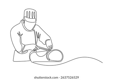 Continuous one line drawing of Professional kitchen cutting the meat. Single line drawing illustration of Young male chef cutting meat. Professional chef concept vector art. Doodle line illustration.