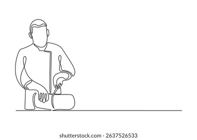 Continuous one line drawing of Professional kitchen cutting the meat. Single line drawing illustration of Young male chef cutting meat. Professional chef concept vector art. Doodle line illustration.