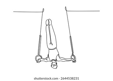 Uma linha contínua desenhando ginasta masculina profissional balançando em anéis de ginástica enquanto fazendo exercícios musculares durante o treino de calistenia no ginásio. Ilustração gráfica vetorial de design de desenho de linha única