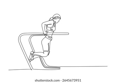 Uma linha contínua desenhando ginasta feminina profissional fazendo força e exercício de equilíbrio em barras paralelas na ginástica de campeonato artístico. Ilustração gráfica vetorial de design de desenho de linha única