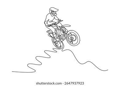Continuous one line drawing professional motorcyclist makes an extreme jump against the sky. Extreme sports, motorcycle jumping, travel adventure. Single line draw design vector graphic illustration