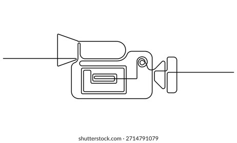 Dibujo continuo de una línea de Ilustración vectorial de cámara de Profesional Video. Dibujo continuo de una línea de una cámara de cine retro. con lente y micrófono aislado sobre fondo transparente