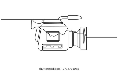 Dibujo continuo de una línea de Ilustración vectorial de cámara de Profesional Video. Dibujo continuo de una línea de una cámara de cine retro. con lente y micrófono aislado sobre fondo transparente