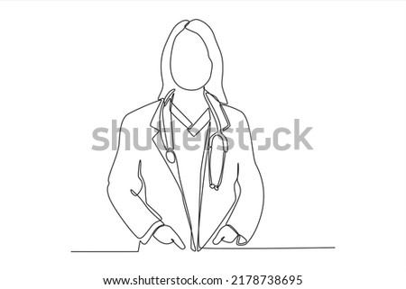 Continuous one line drawing professional confident young doctor in white coat, stethoscope over neck, ready help patient. Modern woman concept. Single line draw design vector graphic illustration.