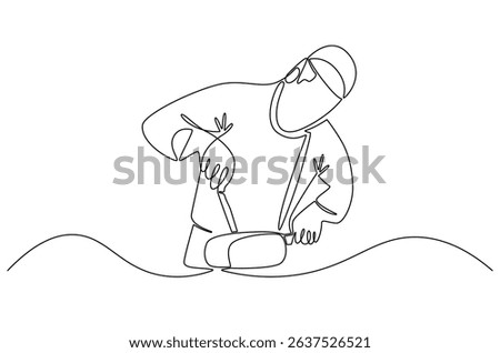 Continuous one line drawing of Professional kitchen cutting the meat. Single line drawing illustration of Young male chef cutting meat. Professional chef concept vector art. Doodle line illustration.