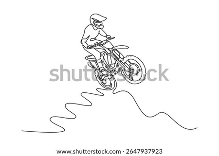 Continuous one line drawing professional motorcyclist makes an extreme jump against the sky. Extreme sports, motorcycle jumping, travel adventure. Single line draw design vector graphic illustration