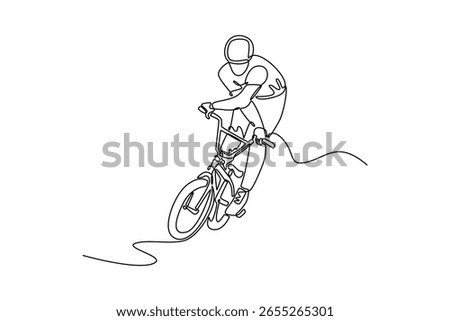 Continuous one line drawing professional bmx rider doing tricks on ramp in skate park. Extreme sports, freestyle, the concept of outdoor activity. Single line draw design vector graphic illustration