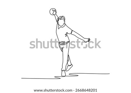 Continuous one line drawing professional male bowler athlete with ball held high in a backswing. Symbolizing athletic poise, fluid motion, energic. Single line draw design vector graphic illustration