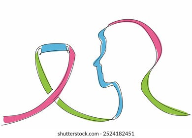 Continuous one line drawing a profile with ribbon flowing into it. Connection between individuals and support provided for those affected. Rare Disease Day. Single line draw design vector illustration