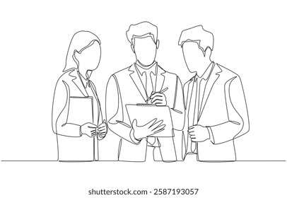 Continuous one line drawing of project manager explaining job details to office workers, work discussion at office concept, single line art
