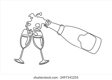 Continuous One line drawing of Prosecco glasses. The process of pouring champagne into a glasses. Pours champagne from a bottle into a glasses. Line art