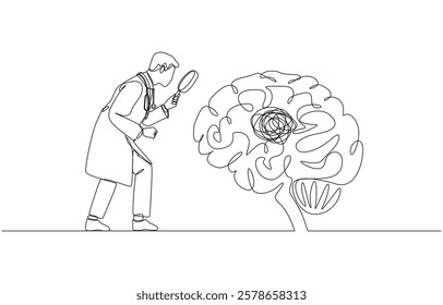 Continuous one line drawing of psychiatrist looks at tangled line in brain with magnifying glass, psychiatric diagnosis, mental health issue concept, single line art