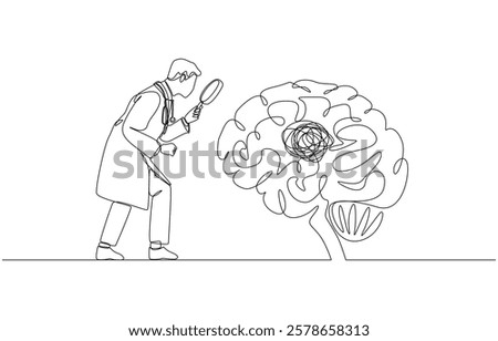 Continuous one line drawing of psychiatrist looks at tangled line in brain with magnifying glass, psychiatric diagnosis, mental health issue concept, single line art