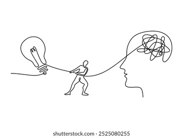 Continuous one line drawing Psychology bad mental health and grief concept. Light bulb is pulled person and big stressed head. Therapy and cure creative solution. Vector illustration minimalist 