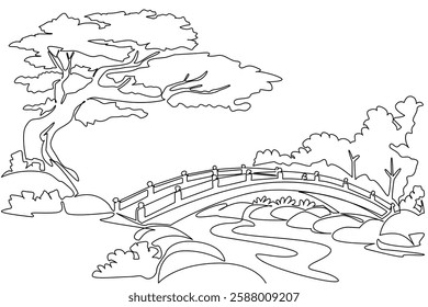 Continuous one line drawing public garden with red wooden bridge with big trees. Public facilities that soothe eyes and mind. National Public Gardens Day. Single line draw design vector illustration