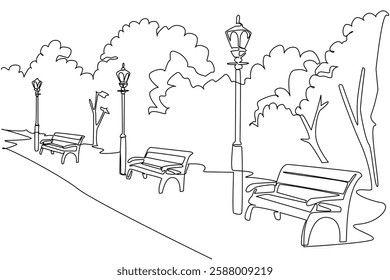 Continuous one line drawing public garden with paths, trees, garden lights, and garden chairs. A calming atmosphere. Tranquil. National Public Gardens Day. Single line draw design vector illustration