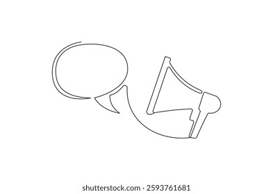 Continuous one line drawing of Public horn speaker with speech bubble. Single line drawing illustration of Megaphone chat bubble. Balloon dialog speak concept vector art. Doodle line illustration.