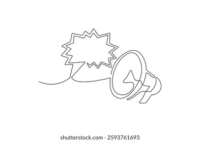 Continuous one line drawing of Public horn speaker with speech bubble. Single line drawing illustration of Megaphone chat bubble. Balloon dialog speak concept vector art. Doodle line illustration.