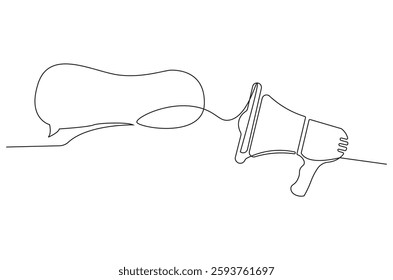 Continuous one line drawing of Public horn speaker with speech bubble. Single line drawing illustration of Megaphone chat bubble. Balloon dialog speak concept vector art. Doodle line illustration.