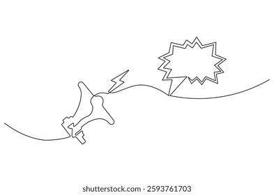 Continuous one line drawing of Public horn speaker with speech bubble. Single line drawing illustration of Megaphone chat bubble. Balloon dialog speak concept vector art. Doodle line illustration.