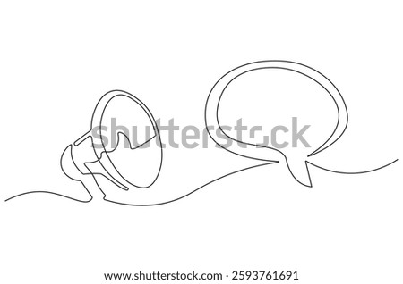 Continuous one line drawing of Public horn speaker with speech bubble. Single line drawing illustration of Megaphone chat bubble. Balloon dialog speak concept vector art. Doodle line illustration.