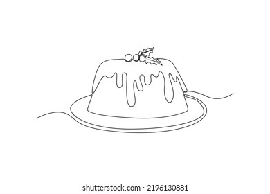 Continuous one line drawing pudding with berry on a plate. Dessert concept. Single line draw design vector graphic illustration.