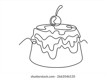 Continuous one line drawing pudding with berry. Dessert concept. Single line draw design vector graphic illustration. Art. line icon-continuous line drawing. Editable stroke.