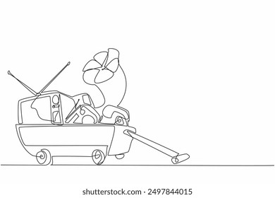 Carrito de tracción continuo de una línea con electrodomésticos. Desea mover elementos antiguos. Teléfono. Televisor de tubo retro Antiguas. Radio. Gramófono. Ilustración vectorial de diseño de dibujo de línea única