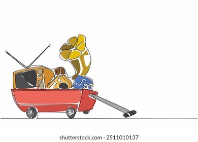 Carrito de tracción continuo de una línea con electrodomésticos. Desea mover elementos antiguos. Teléfono. Televisor de tubo retro Antiguas. Radio. Gramófono. Ilustración vectorial de diseño de dibujo de línea única