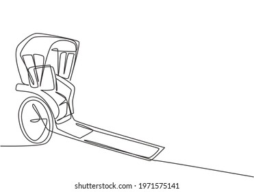 Continuous one line drawing pulled rickshaw vehicles that are a part of history in China and Japan with two wheels and being towed by humans. Single line draw design vector graphic illustration.