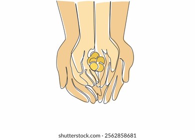 Continuous one line drawing put a coin in the palm of the hand. Financial readiness education is provided from an early age. Learn to save. Coin Week. Single line draw design vector illustration