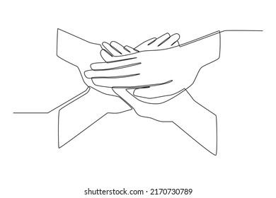 Continuous one line drawing putting their hands together. Stack of hands. International youth day concept. Single line draw design vector graphic illustration.