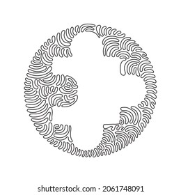 Kontinuierliche 1-zeilige Zeichnung Puzzle flach Symbol. Logo der dünnen Linie. Umrisssymbol für Web- oder mobile App. Puzzle-Umriss-Piktogramm. Schwirl-Kreis-Hintergrund-Stil. Einzeilige Zeichentechnik