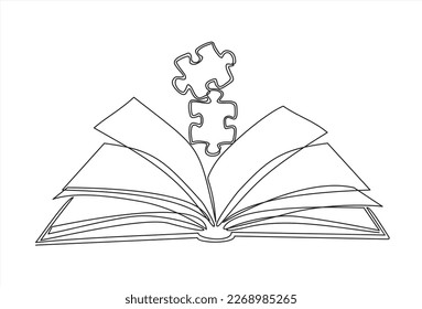 continuous one line drawing of puzzle and open book. Can used for logo, emblem, slide show and banner