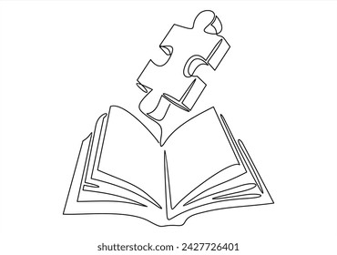 continuous one line drawing of puzzle and open book. Can used for logo, emblem, slide show and banner	
